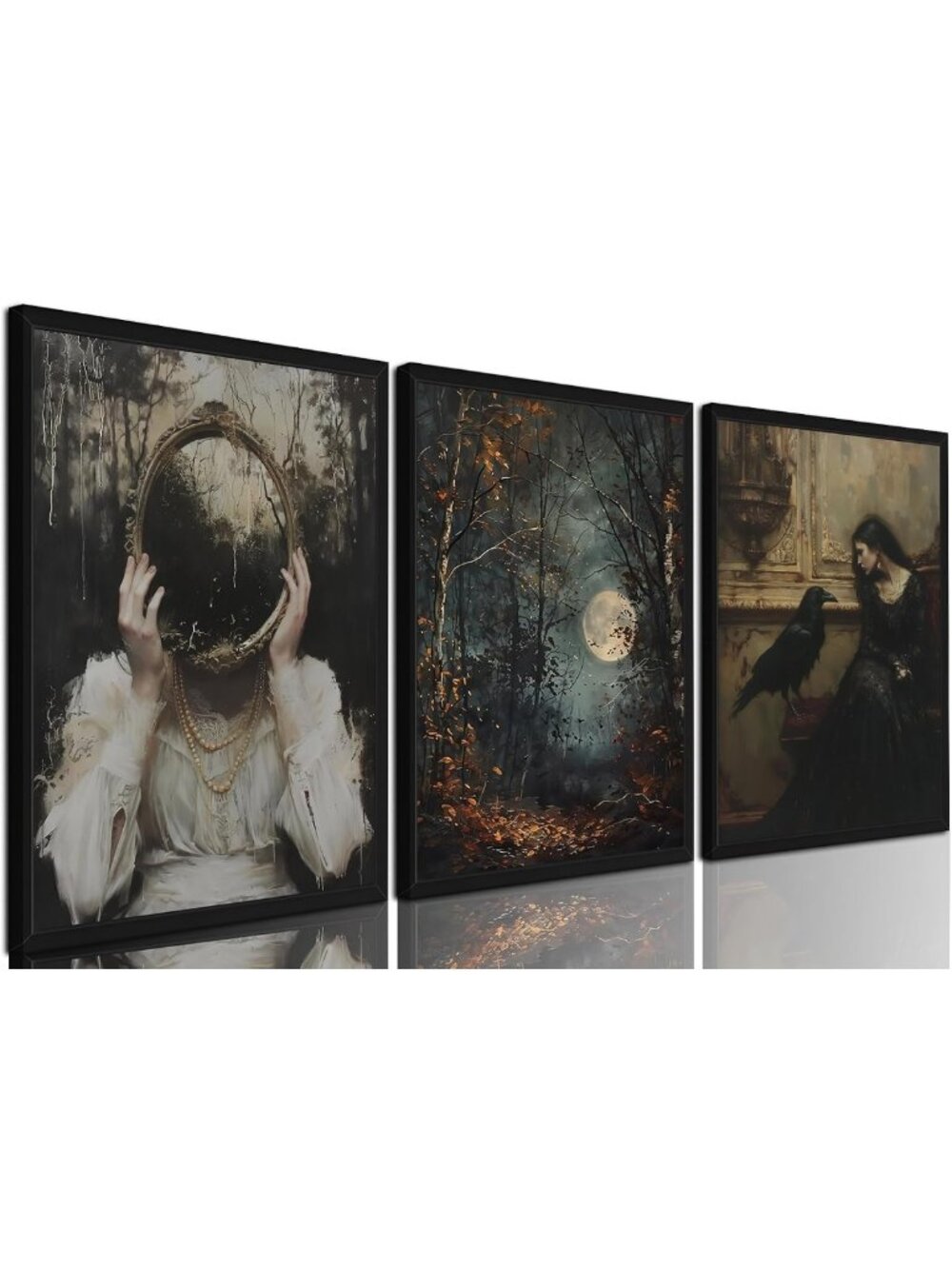 Gothic Dark Academia Wall Art Set of 3 - Vintage Witch Raven Canvas Prints